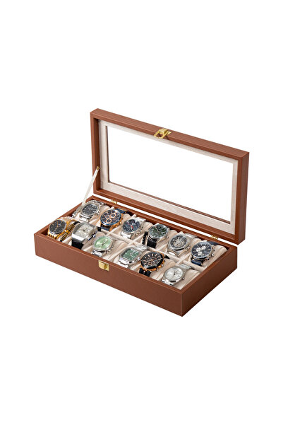 Güner Ofis 12-Slot Black Leather Watch Box Lockable Watch Storage and Collect...