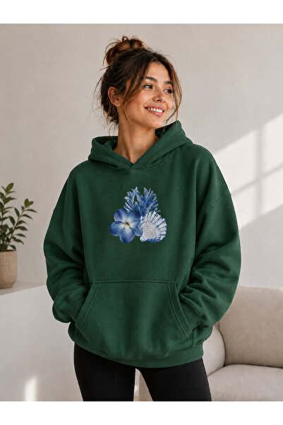 caddekombin Women's Blue Floral and Seashell Printed Hooded Sweatshirt with K...