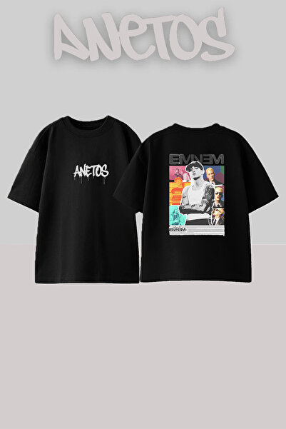 Anetos Μαύρο μπλουζάκι Eminem_24 με στάμπα σχεδίου, Unisex, Oversize