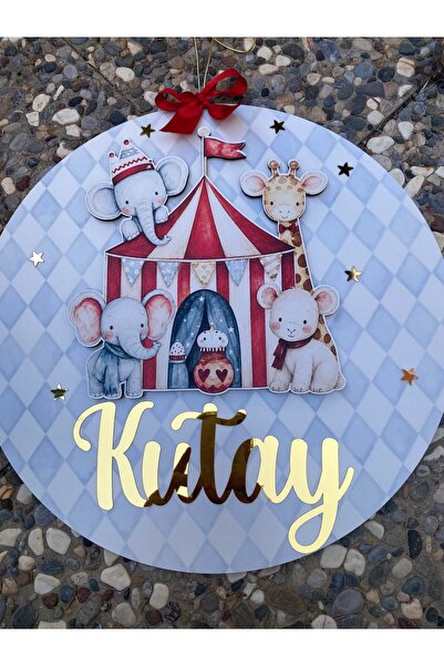 Pırıltılı Dizaynlar Kişiye Özel İsimli Ahşap Bebek Odası Kapı Süsü – Sirk Tem...