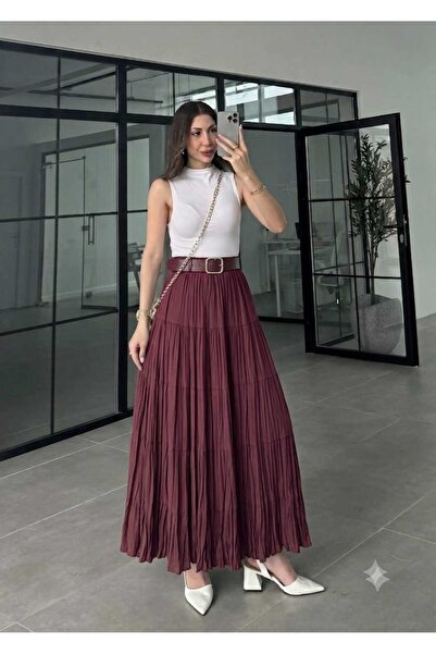QUAWEAR Layered Tencel Crinkle Skirt with Elastic Waistband
