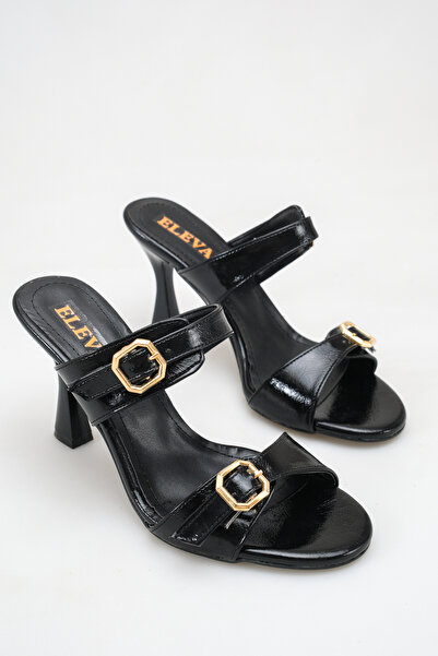 ELEVAM Women's Buckle-Strapped 9 cm Heeled Patent Leather Summer Slippers
