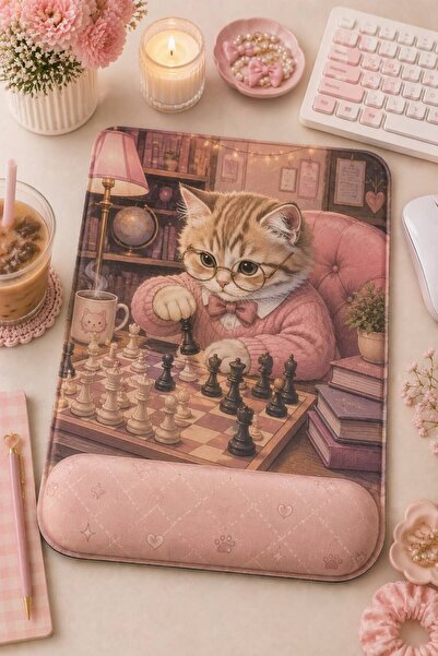 matizya Satranç Oynayan Kedi Desenli Bilek Destekli Mousepad – Gözlüklü Sevim...