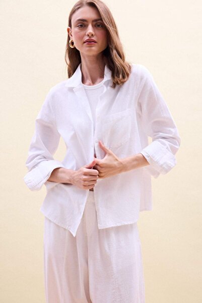 DeFacto Oversize Pajama Collar Linen Blend Long Sleeve Pink Shirt I1000Ax26Hs