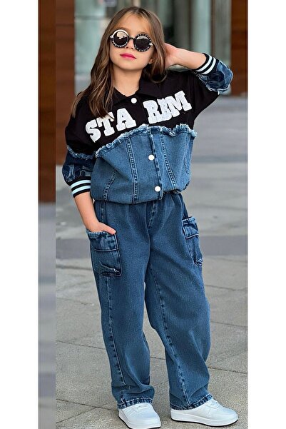 CALİSA Girl's Premium Denim Cargo Pocket Double Set |   Oversize Jeans Set