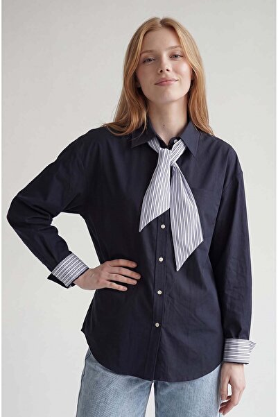 Levidor Dark Blue Fine Line Tie Detail Shirt