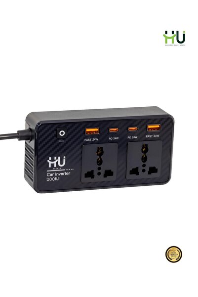 HU HAPPY USER 200W Car Power Inverter – AC Outlet with QC3.0 & PD Fast Charging, Dual USB-C & Dual USB-A Vehicle Power Adapter