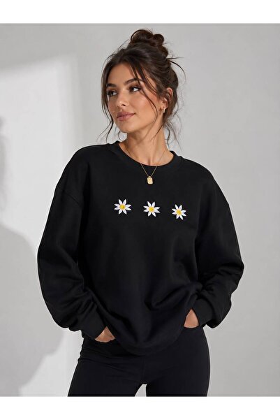 caddekombin Women's 3-Piece Daisy Printed Crew Neck Sweatshirt