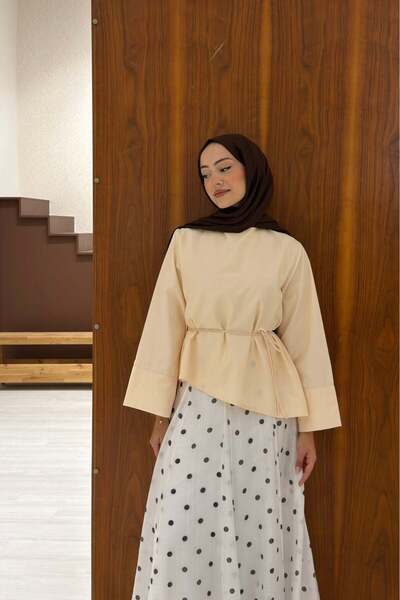 Faya Boutique Krem Poplin İnce Kemerli Asimetrik Eliane Bluz