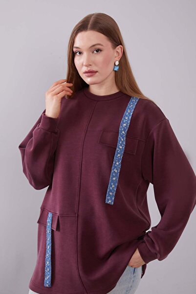 Levidor Burgundy Denim Stripe Detailed Sweatshirt