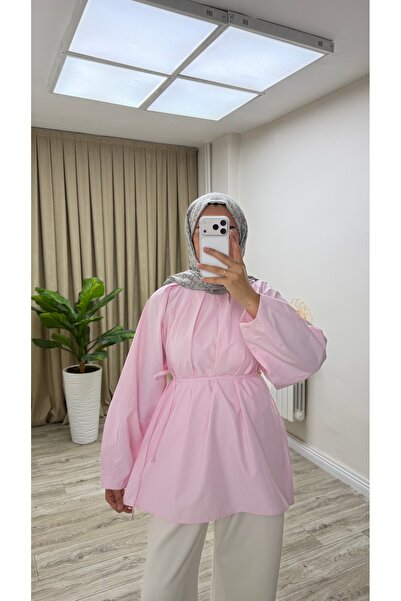 tuğbaprive Kadın Ekru Poplin Bağcıklı Balon Kollu Tunik Bluz Günlük Şık Oversize