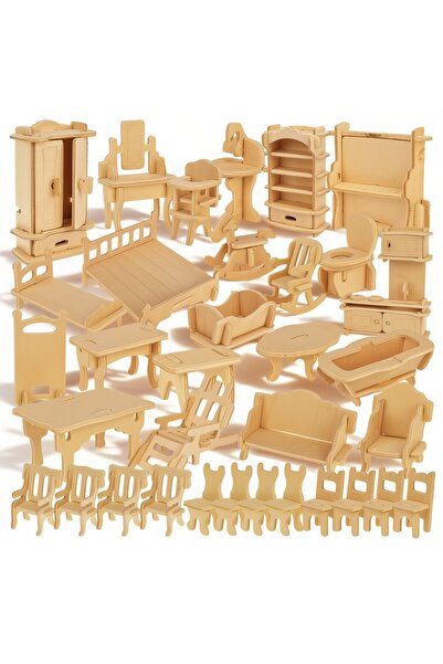 Ayawaska Set de mobilier din lemn pentru casa papusi 34 piese, miniaturi DIY ...