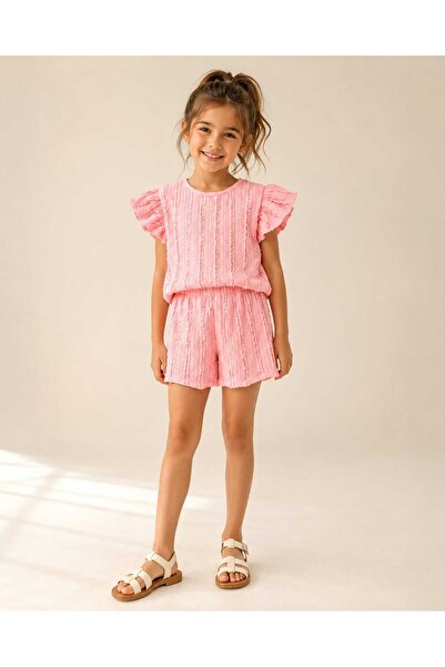 kidsense Girl's Ruffle Sleeve Textured Shorts Summer Set