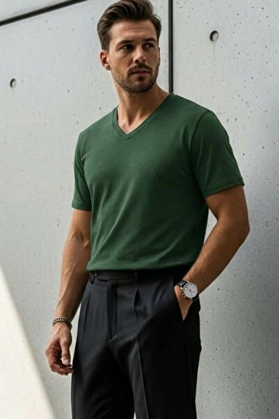 DAMGA JEANS Men's Relaxed Fit Khaki Loose V-Neck T-Shirt