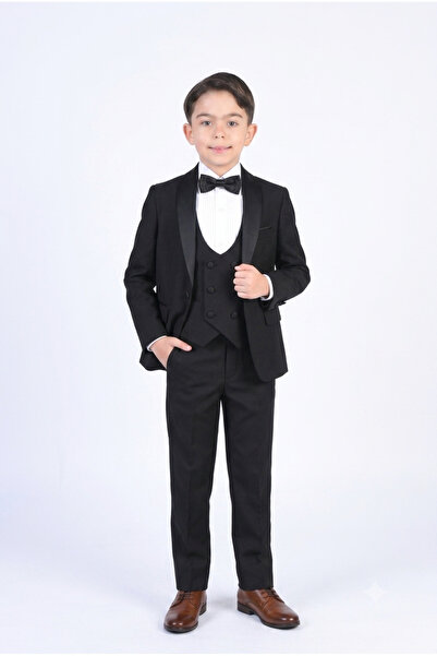 ceocuk Doctor junior - Siyah Erkek Çocuk Yelekli Smokin Takım Elbise 3'lü Set