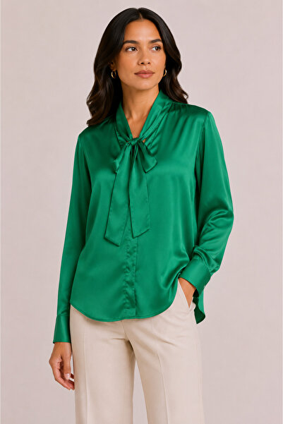 Basics&More Women's Scarf Collar Satin Shirt Long Sleeve Stylish Office Casua...