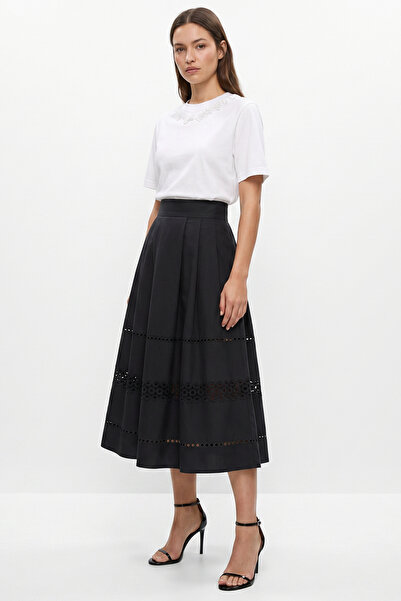 Exquise Fisto Detailed Pure Cotton Midi Length Lined Black Skirt