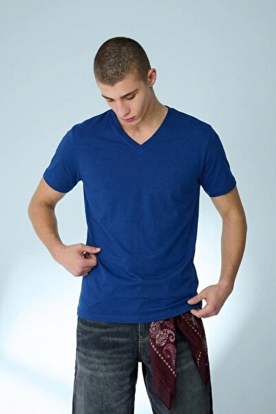 DAMGA JEANS Men's Straight Fit Blue V-Neck T-Shirt