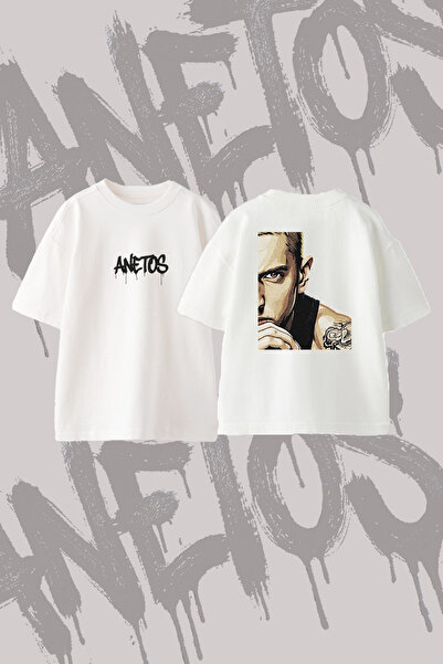 Anetos تي شيرت Eminem_8 ذو تصميم مطبوع وياقة دائرية كبيرة الحجم باللون الأبيض