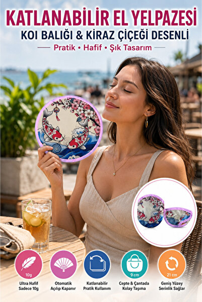 OpenCity Koi Balığı Desenli Katlanabilir El Yelpazesi Japon Stili Kılıflı Yuv...