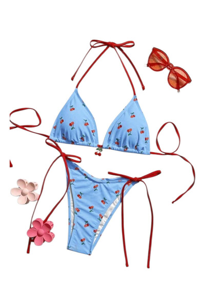 OEM Costum de baie dama, 2 piese, albastru cu imprimeu rosu, XS
