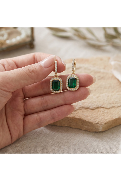 Prizma Concept Women's Emerald Green Baguette Stone Earrings - Special Series Shiny Zircon Stone Decorated Evening Dress and Casual Rectangular Earrings