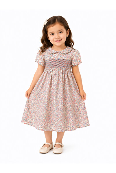 Shiladon Girls Floral Smocked Cotton Short Sleeve Classic Collar Dress