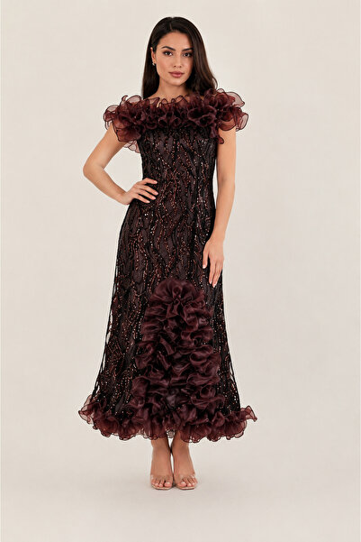 DVNA Dark Brown Color Evening Dress with Embroidered Sequins and 3D Organza R...