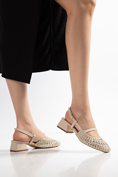 Saadet Kaya Butik Bety Beige Short Thick Heeled Braided Shoes