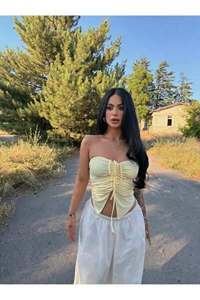 kırmızı butiks Yellow Front Gathered Butterfly Crop Top