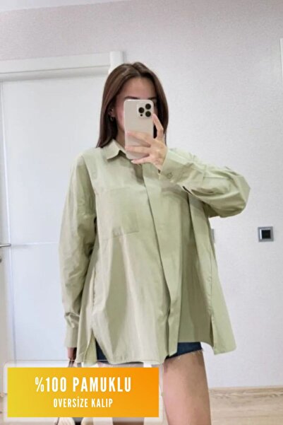 VELİZADE Women's Oversize Wide Cut 100% Cotton Long Sleeve Slit Detail Poplin...