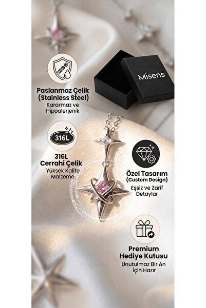 Misens Pink Stone North Star Women's Steel Necklace