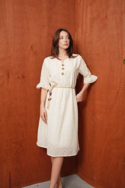 MİHRİZAR Women's Scallop Embroidered Wooden Button Flywheel Sleeve Straw Belt...