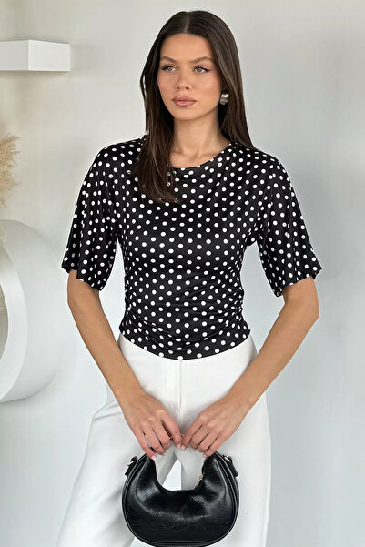Aryena Black Women's Side Gathered Polka Dot Blouse