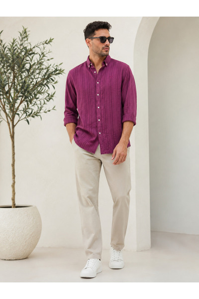 Erkek Mürdüm Dokulu Pamuklu Uzun Kollu Gömlek Slim Fit Düğmeli Günlük ve Casual Gömlek