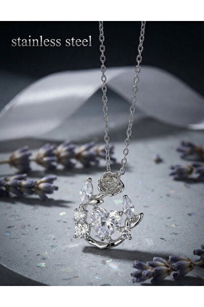 stainless steell 316L Steel Silver Color Chain Zircon Stone Heart Figure Rose...