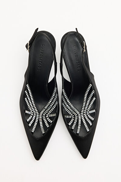LUTVELIZADE Heels 2631 - Pointed Toe Stone Embellished Black Satin Women's Heels