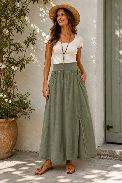 Butik Şans Women's Zipper Detailed Elastic Waist Italian Linen Skirt with Poc...