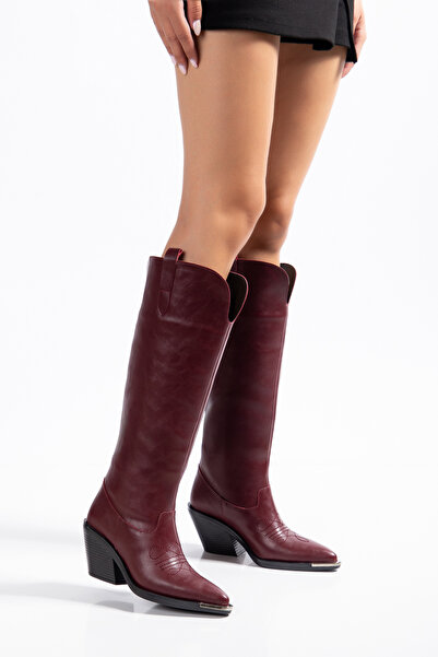 DENORA Burgundy Matte Leather Metal Toe Flat Below-Knee Western Cowboy Boots