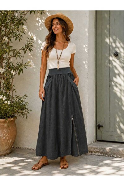 Butik Şans Women's Zipper Detailed Elastic Waist Italian Linen Skirt with Poc...