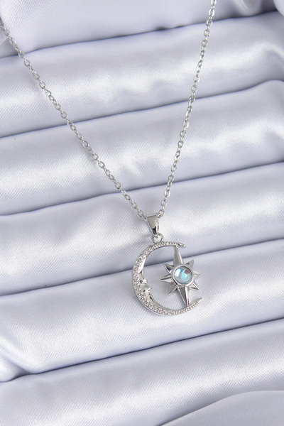 ARMÜZ 316L Steel Silver Color Zircon Stone Crescent Star Model Women's Necklace