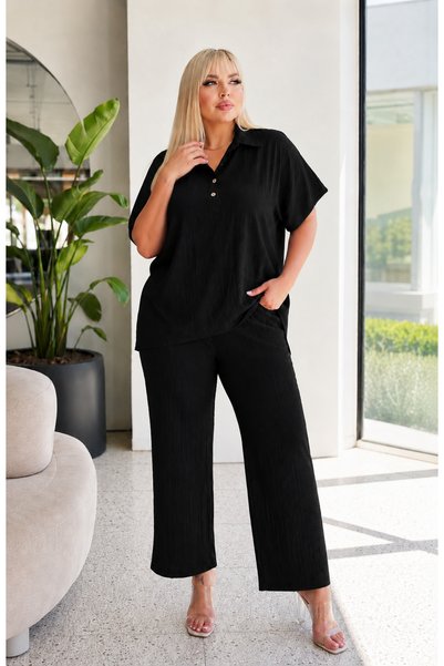 Butik Nilyam Women's Plus Size Loose Fit Shirt Collar Textured Linen Bottom - Top Set 29000