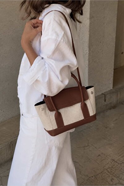 Yuka Atelier Maris Leather Detailed Canvas Shoulder and Hand Bag