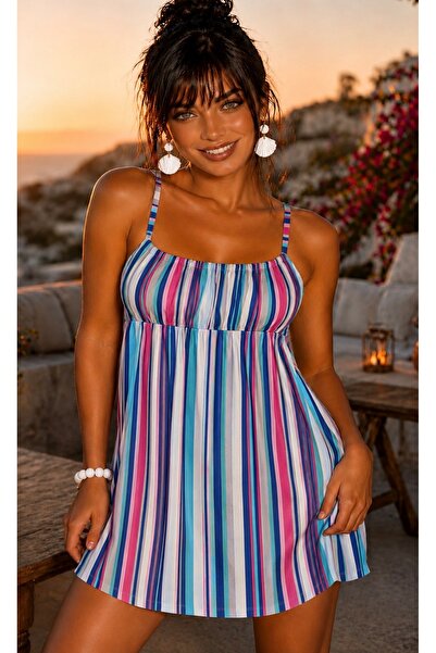 Be Best Women's Ecru-Blue Striped Front Gathered Mini Dress Be398