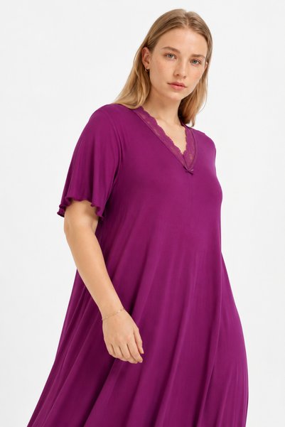 ESLEMCE Bamboo Viscose Fabric V Lace Collar Detailed Flared Dress