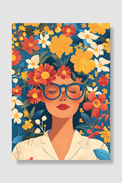Luna Marissa Floral Woman Poster Woman with Blue Glasses Yellow Red Floral Pa...