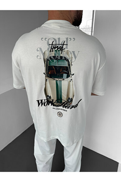 NO1 KONSEPT White Oversize T-Shirt with Car Print and Back Detail