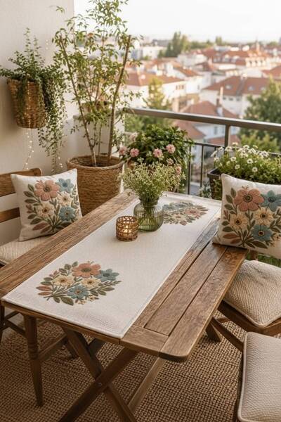 Softifyhome Çiçek Desenli Runner ve 2’li Kırlent Kılıfı Seti – Raşel Kumaş Di...