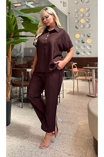 Butik Nilyam Kadın Büyük Beden Gömlek Yaka Kısa Kol Salaş Kesim Dokulu Keten ...