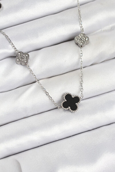 ARMÜZ 316L Steel Chain Silver Color Black and Zircon Stone Clover Women Necklace